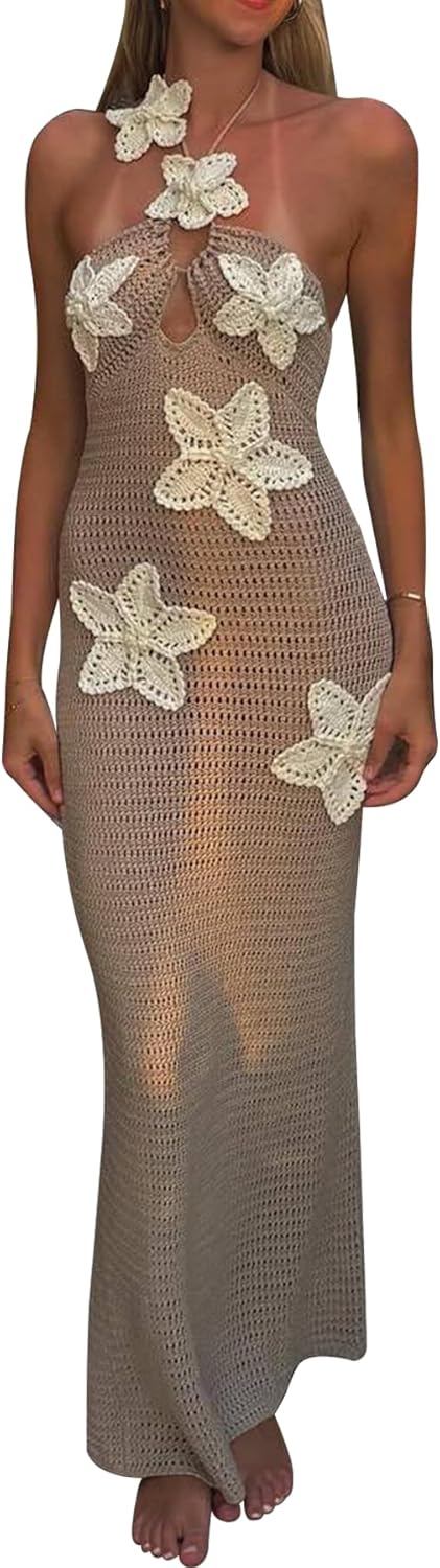 Ptorlio Womens Swimsuit Cover Up Summer Halter Beach Floral Bodycon Sleeveless Coverup Crochet Maxi Dress
