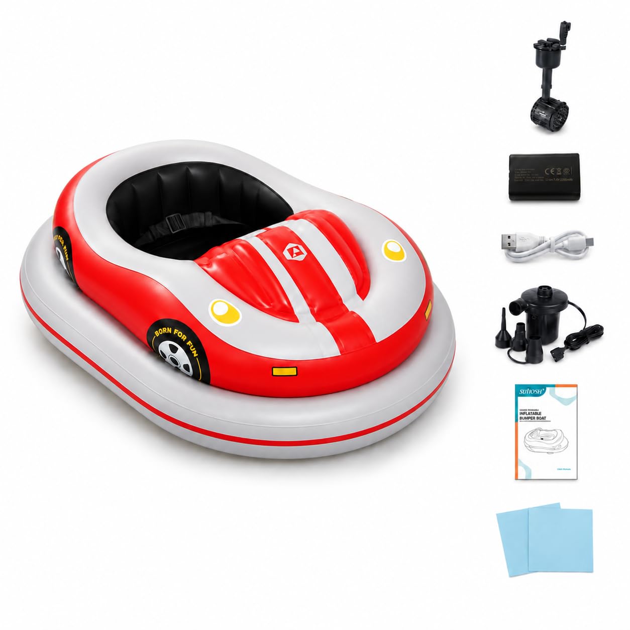 Sunseota Red Motorized Pool Floaties For Adults, Inflatable Electric Water Chair With Joystick Steering, Wide Stable Base, 120 Kg Capacity, Cup Holders, For Pool And Calm Lake -1Battery