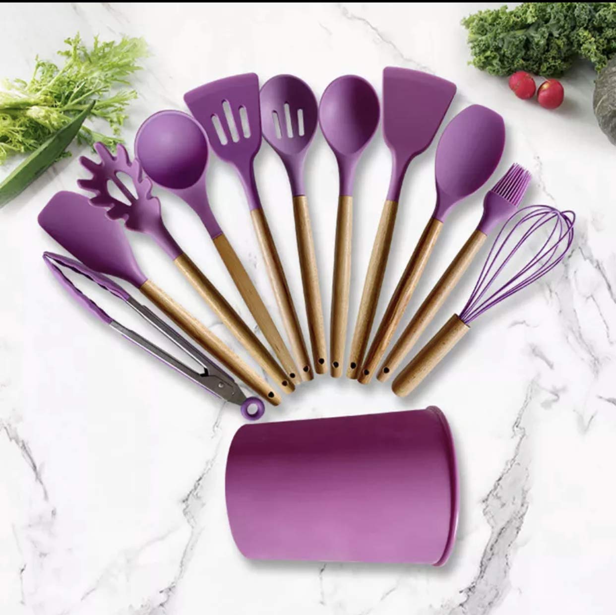 Küchen- und Kochutensilien-Set, 12-teilig, Silikon-Holzgriff, hohe Hitzebeständigkeit, Premium-Silikon-Küchenhelfer, Spatel-Set mit Halter, BPA-frei (lila)/516