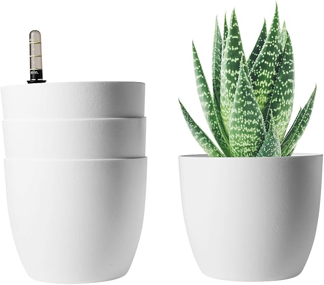 T4U 15CM Self Watering Plant Pots, Plastic Plant Pots Pack of 4, Self Watering Planter with Water Level Indicator, White Plant Pots Indoor Outdoor, Indoor Plant Pots for House Plants Flower Herb