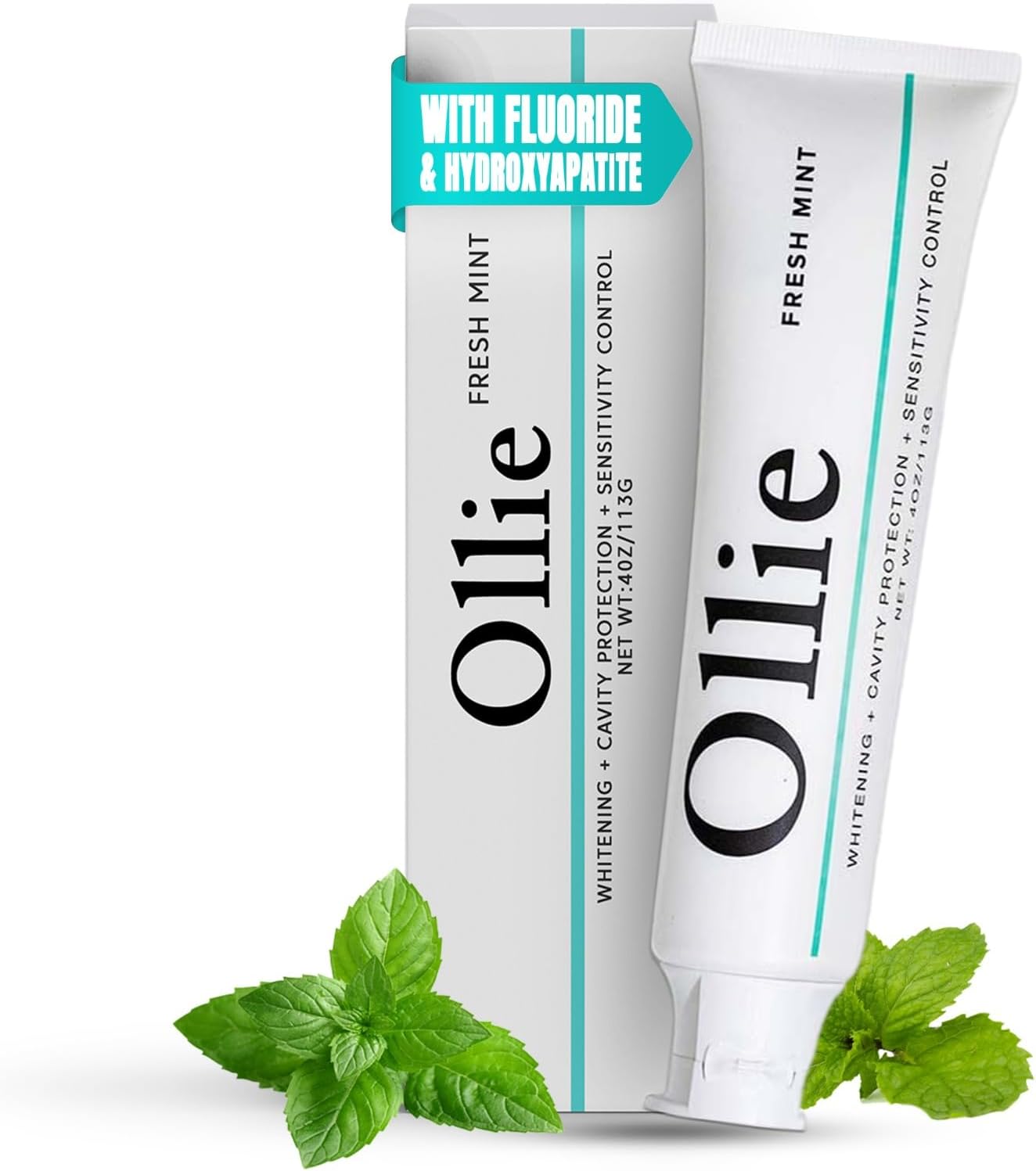 Ollie Fresh Mint Fluoride Toothpaste with Hydroxyapatite for Remineralizing Enamel, Sensitive Teeth & Whitening (4 oz, Pack of 1)