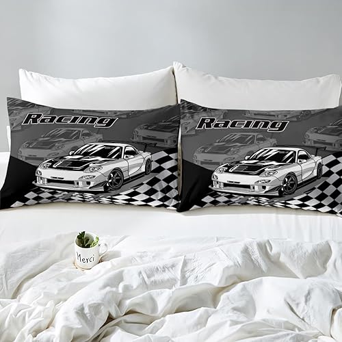 Miniatura 5 de Silver Race Cars - Sábana bajera ajustable para niños, tamaño individual, diseño de bandera de carreras en blanco y negro, decoración de habitación
