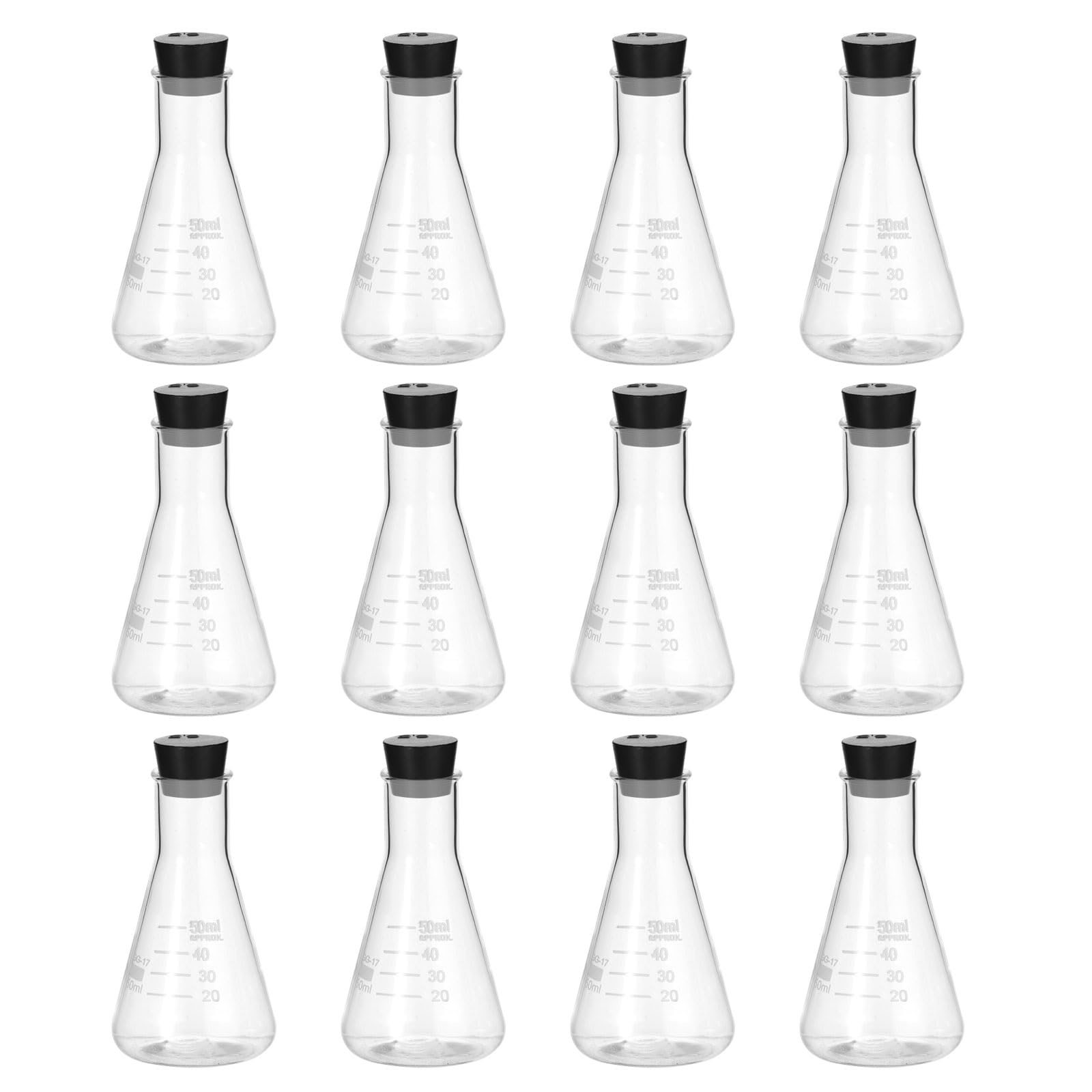 PATIKIL Matraccio Erlenmeyer, 12 Pezzi 50ml 1.7oz Bocca Stretta Matracci Graduati Con Tappo In Gomma Matracci In Vetro Borosilicato Con misura Stampata Per Esperimenti Di Chimica Studio