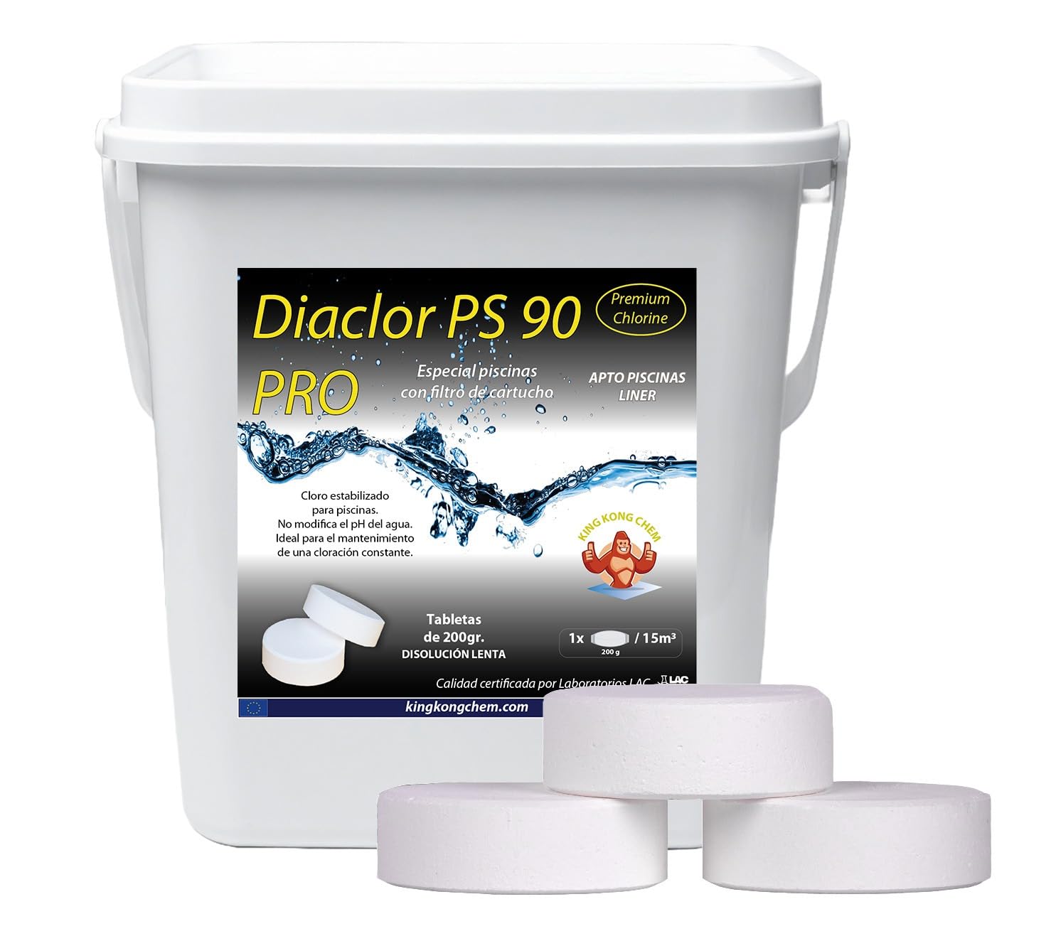 Pastillas de tricloro Puro para Piscinas de Liner/Poliester - DIACLOR PS 90 Pro 5 KG - Envasado Individual - 25 Pastillas Grandes de Cloro Lento (200 gr- 7,5 cm Diámetro)