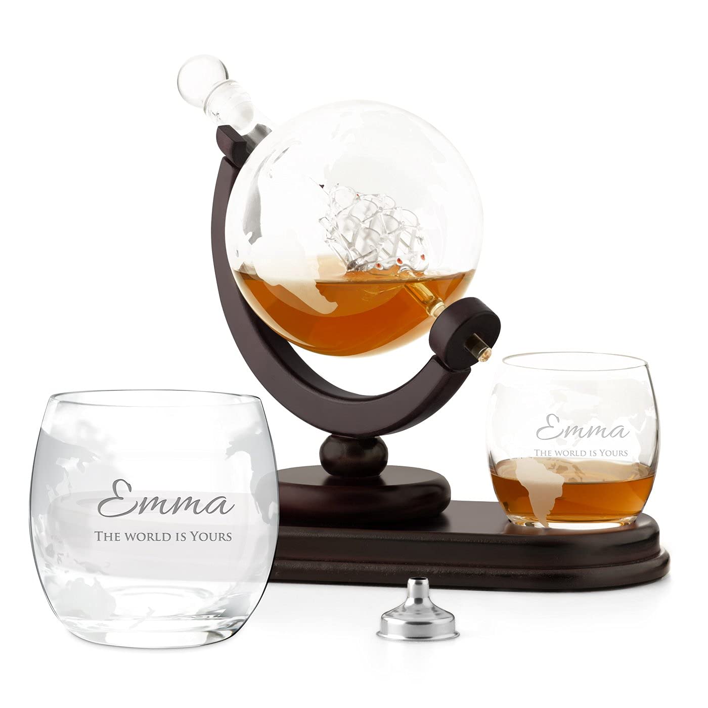Maverton Decanter per Whisky in vetro - incisione personalizzata - Caraffa a forma di mappamondo da 850 ml + 2 bicchieri da whisky - regalo uomo - mondo