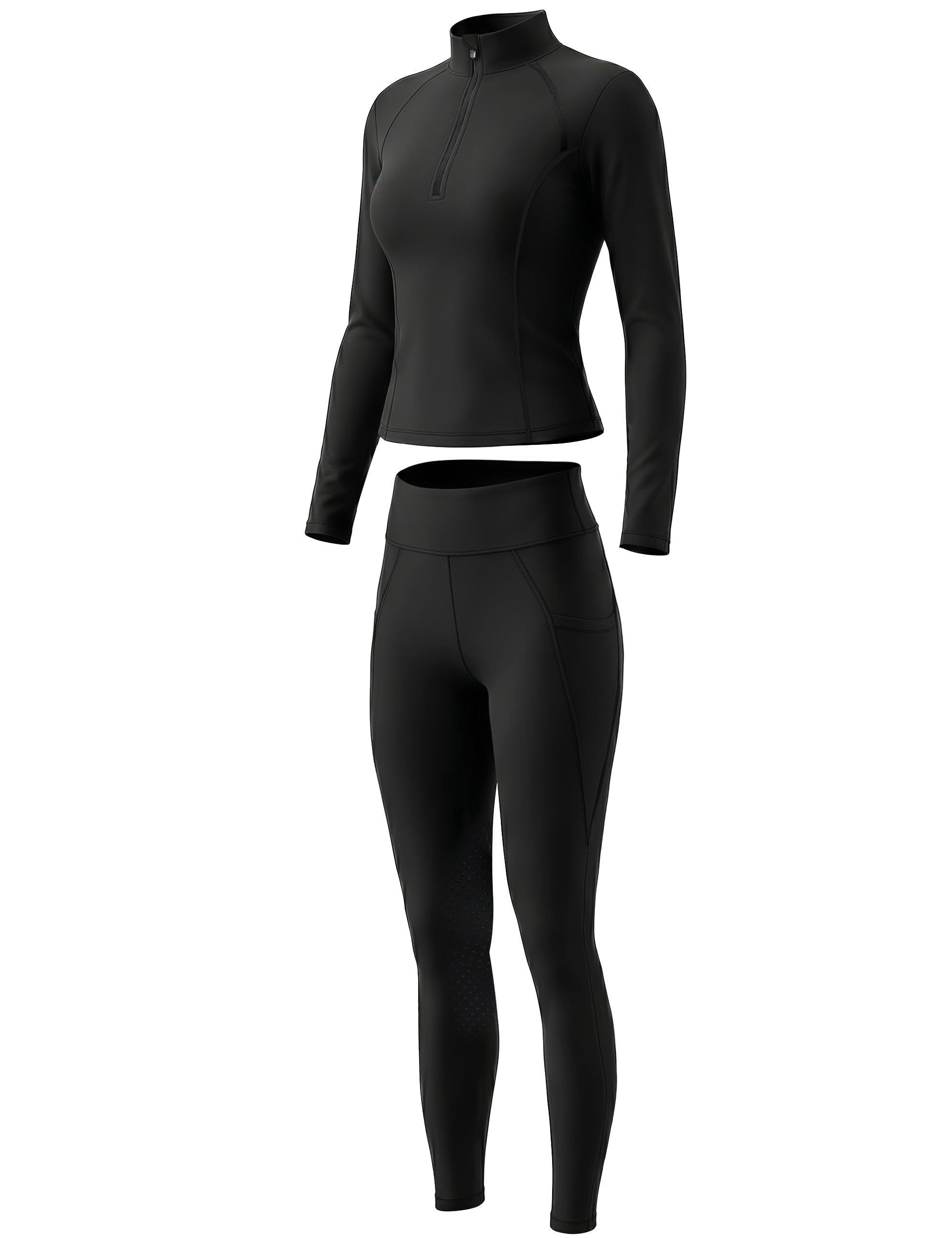FitsT4 Sports Reitset für Damen Reithose und Reitsport Oberteil Stretch Reitleggings Reitbekleidung Sommer mit Knie-Patch Silikon und Taschen