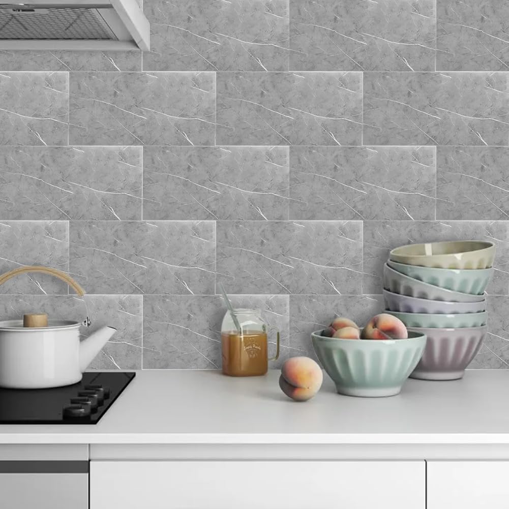 Set di 10 adesivi per piastrelle, effetto marmo, 60 x 30 cm, piastrelle autoadesive, impermeabili, effetto pietra, pannelli da parete per cucina e bagno, ristrutturazione paraspruzzi (grigio fulmine)