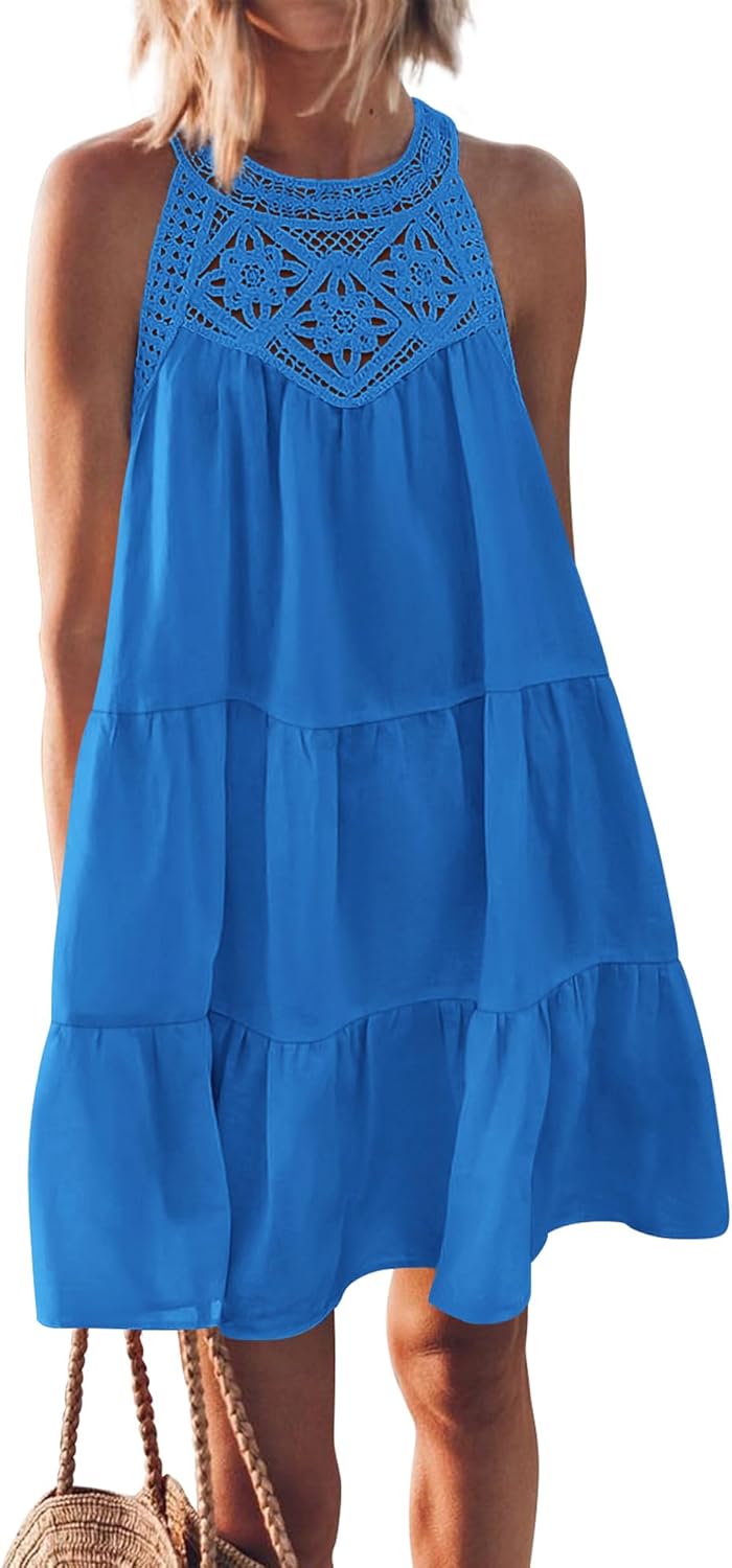 BTFBM Women Summer Dresses 2026 Casual Spring Clothes Sleeveless Halter Neck A-Line Boho Mini Dress Beach Vacation Sundress