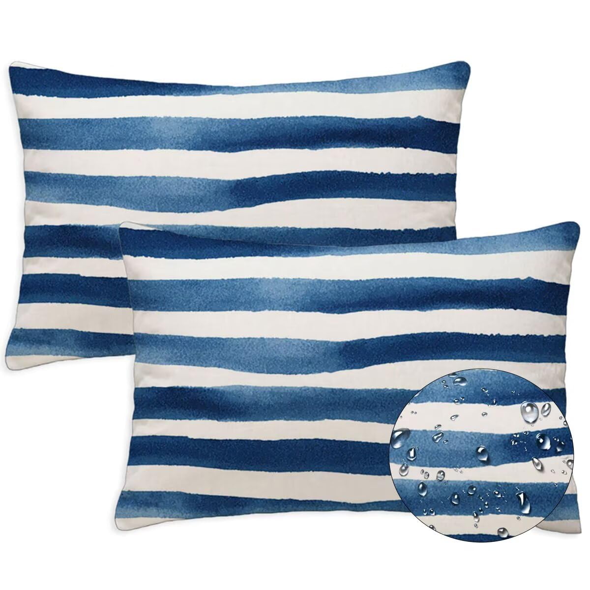 Cojines Exterior 40x60 cm Azul Cojines Exterior Jardin Juego de 2 Funda Cojin A Rayas Rectangulares Impermeable Felpa Corta Suave Cojín Lumbar para Primavera Verano Terraza Decorativos, Regalo S-1036