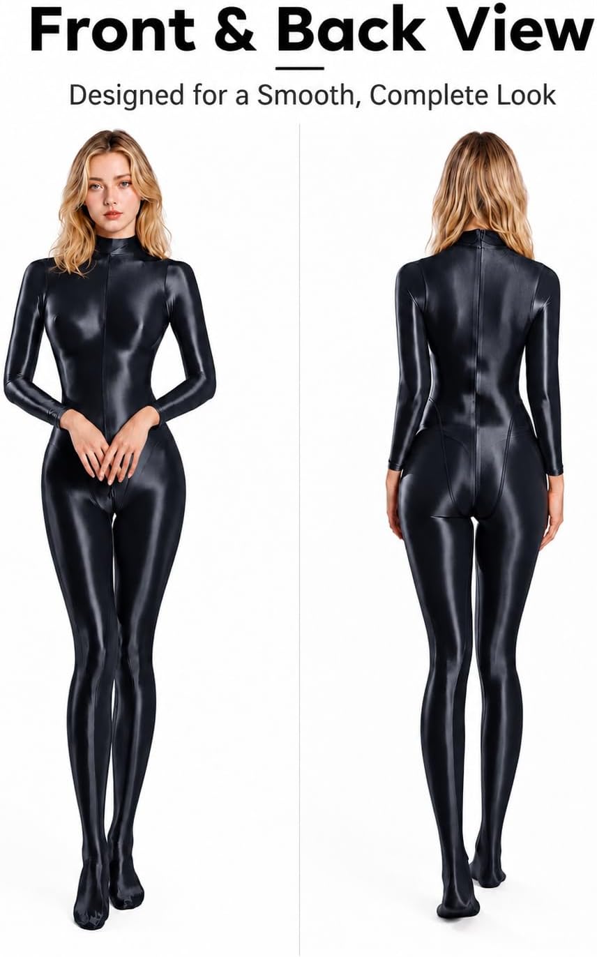 SEAUR Women's Sexy Glossy Long Sleeve Bodysuit Shiny Stretchy Full Body Catsuit One Piece Footed Unitard