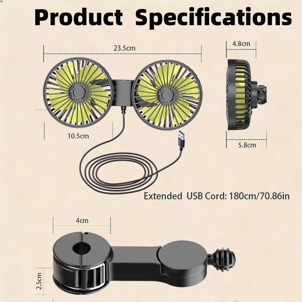 Car Fans for Backseat Kids, Car Fans Dual Head that Blow Cold Air, Cooling USB Back Seat 3 Speed 360 Degree Rotatable Headrest Fan, Adjustable Clip Vehicles Rear Seat Air Fan