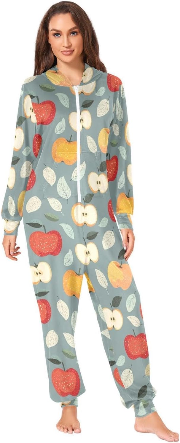 ZZKKO Farmhouse Apples Leaves Adult Onesie Pajamas for Women Men Cozy One Piece Pajamas Costume Zip-Up Hooded S-XL