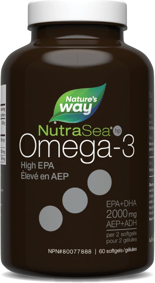 NutraSea Nature's Way NutraSea hp Omega-3 - Extra Strength EPA – Omega-3 Supplement with Fresh Mint Flavour – 2000 mg EPA and DHA Fish Oil (1500 mg EPA, 500 mg DHA) – Support Healthy Heart and Brain Function in Kids and Adults, 60 Softgels