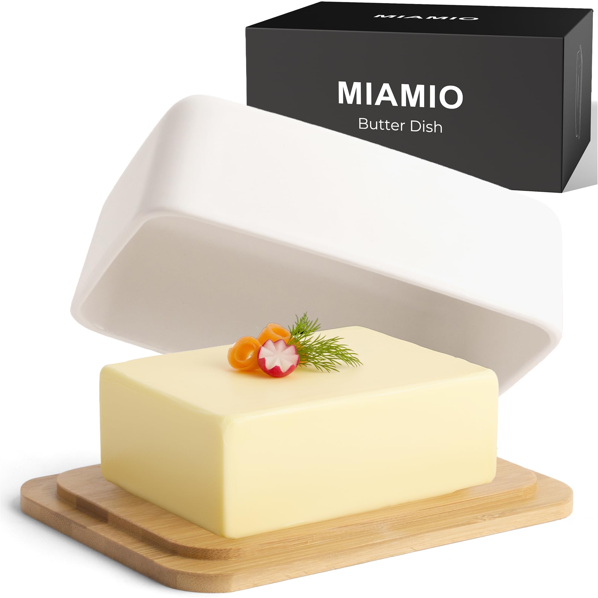 MIAMIO - Dish for Butter with Lid for Countertop (620 ml) Ceramic Butter Dish / Butter Holder and Container with Bamboo Lid, Butter Dish for Refrigerator (White)