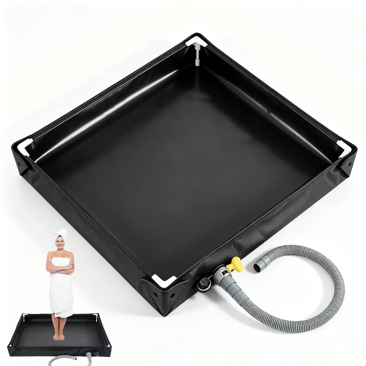 Base de douche pliable 80 x 80 x 10 cm - Receveur de douche portable avec tuyau d'évacuation - Base de tente de camping étanche pour l'intérieur et l'extérieur, le camping, les voyages et la salle de