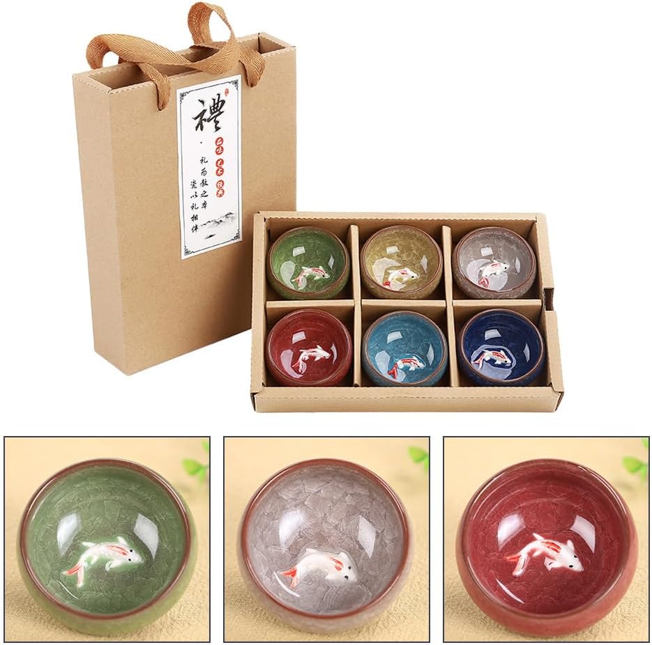 Hemoton Ice Cracked Fish Mini Tea Cup Set of 6 Porcelain Small Cups for Chinese Tea Ceremony Asian Kung Fu Matcha Coffee and Wine Tableware for Home and Party