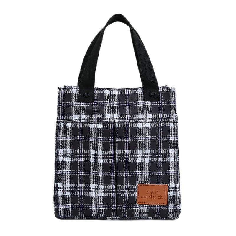 Bolsa de lona xadrez coreana – Bolsa de mão vintage com fecho magnético, bolso frontal e divisória interna para uso diário, Preto