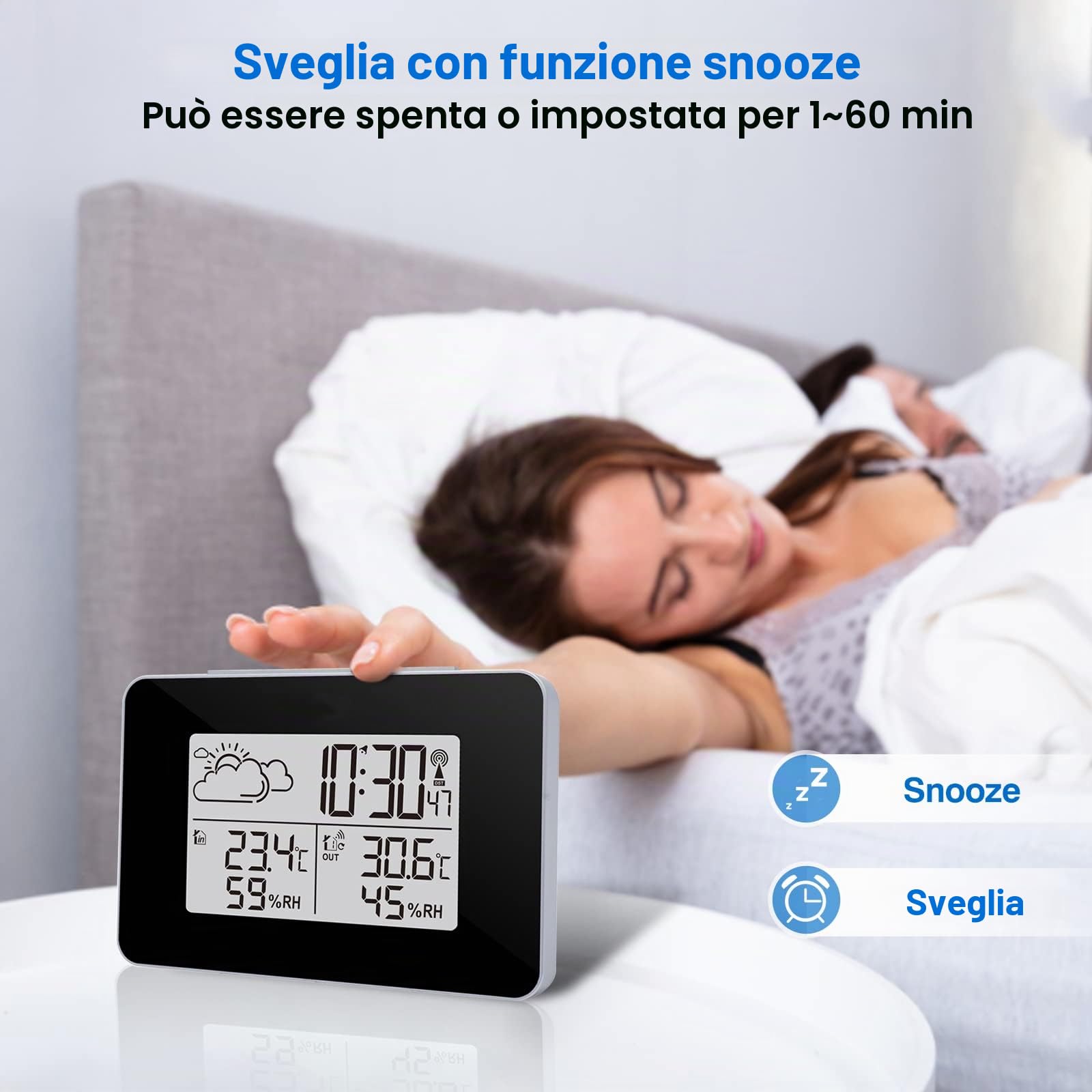 eMylo Stazione Meteo Radio con sensore Esterno, Termometro Digitale LCD Ambiente Interno Esterno - Igrometro Umidità con Retroilluminazione e Previsioni Meteo per Casa Camera da letto Giardino
