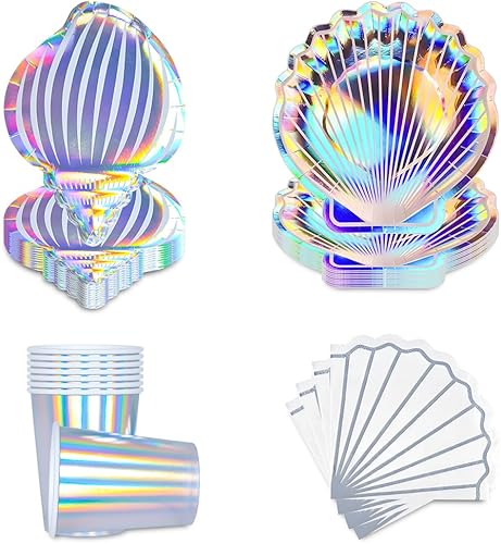 Miniatura 7 de Vasos de papel de conchas marinas, suministros de fiesta de sirena, vajilla desechable con purpurina iridiscente del mundo oceánico para bodas,