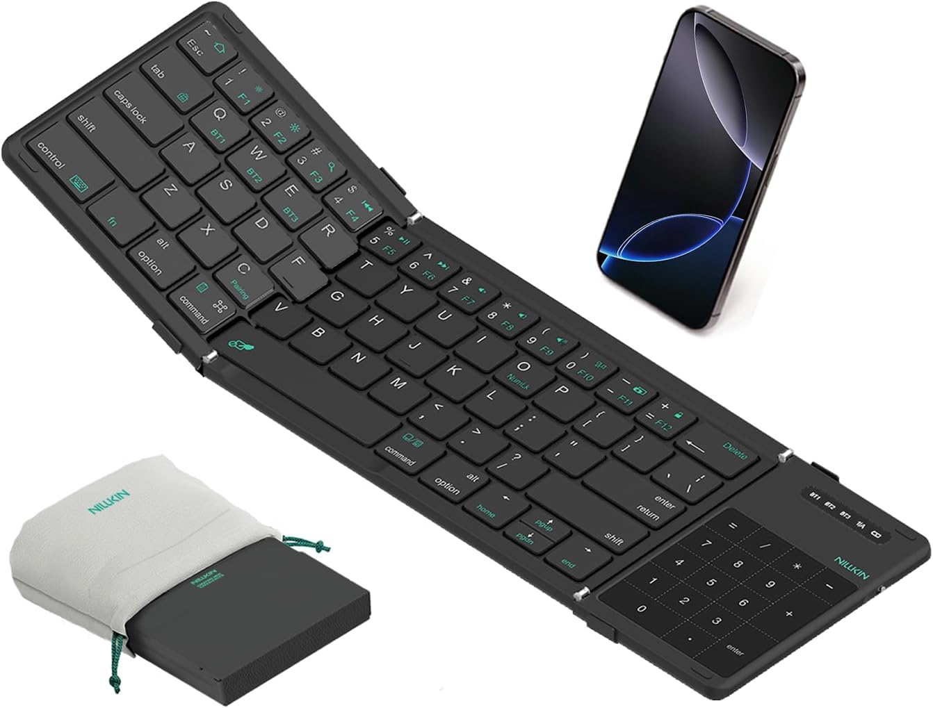Nilkin® Upgraded Foldable Bluetooth Keyboard with Touchpad & Number Pad, Portable Wireless Keyboard for Travel, Pocket-Sized, Full Size Keys, Support 3 Devices for iPad Laptop Tablets Phone, (Black)-image-11