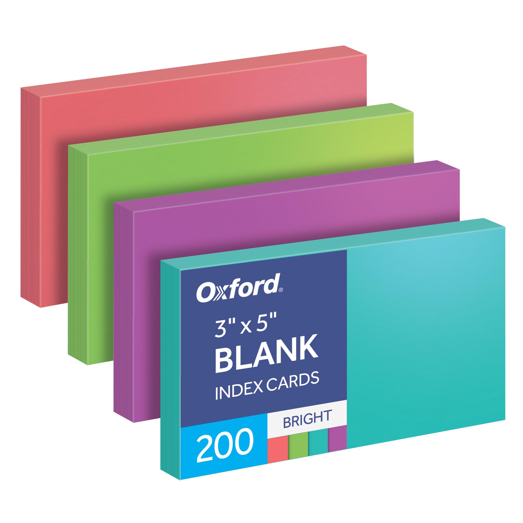 Oxford Blank Index Cards, Blank Note Cards, Flashcards for School, 4 Assorted Bright Colors: Coral, Green, Teal and Orchid, 3 Inch x 5 Inch, 200 Cards Per Pack (1017489)