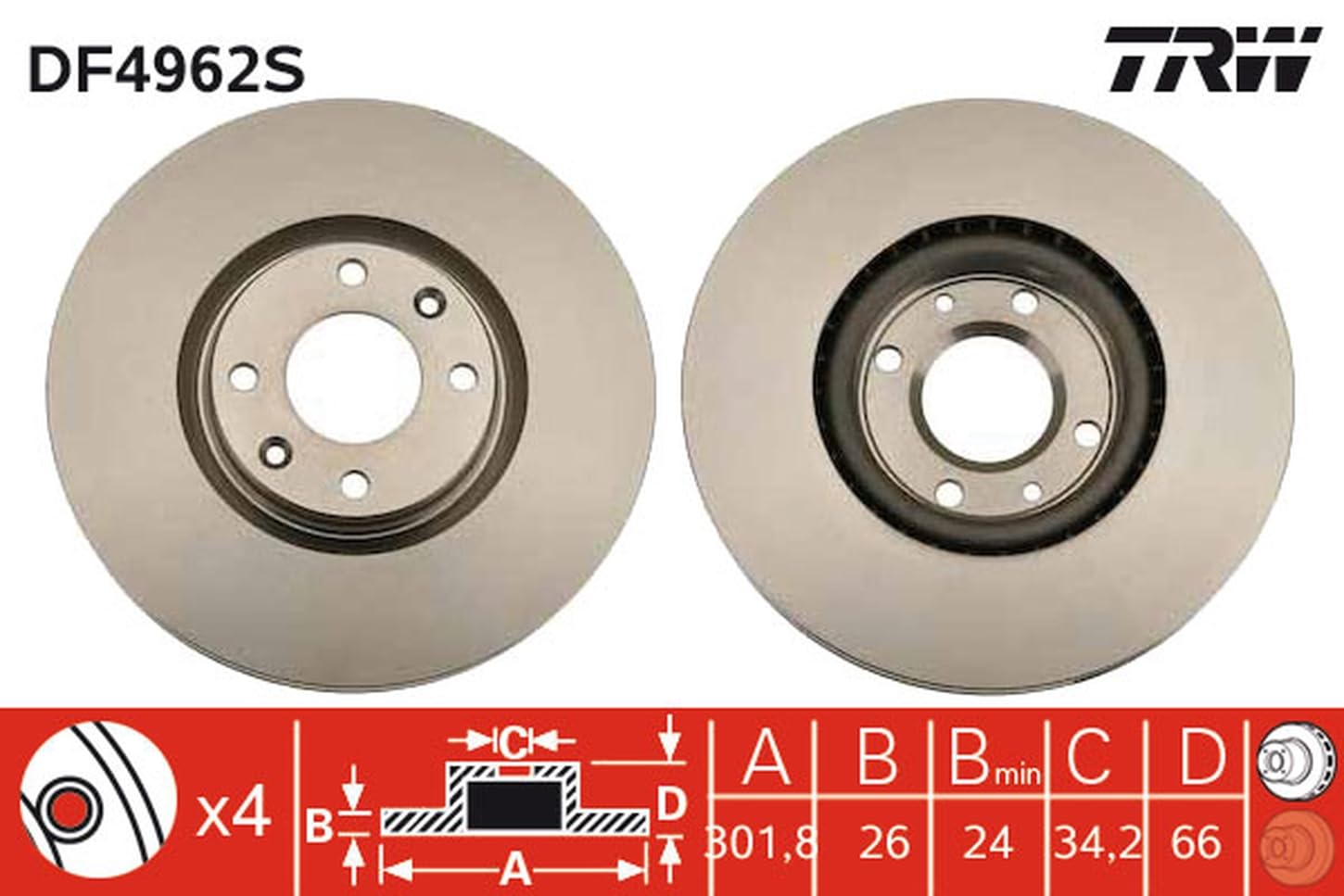 2x TRW Disco freno Anteriore Ø302mm Altezza: 34,2mm Spessore: 26mm Cerchio foro-Ø: 108mm ventilato DF4962S Compatibilità con OPEL Corsa F MOKKA, PEUGEOT 208 I Hatchback CA, CC 3008 0U 5008 0U, 0E