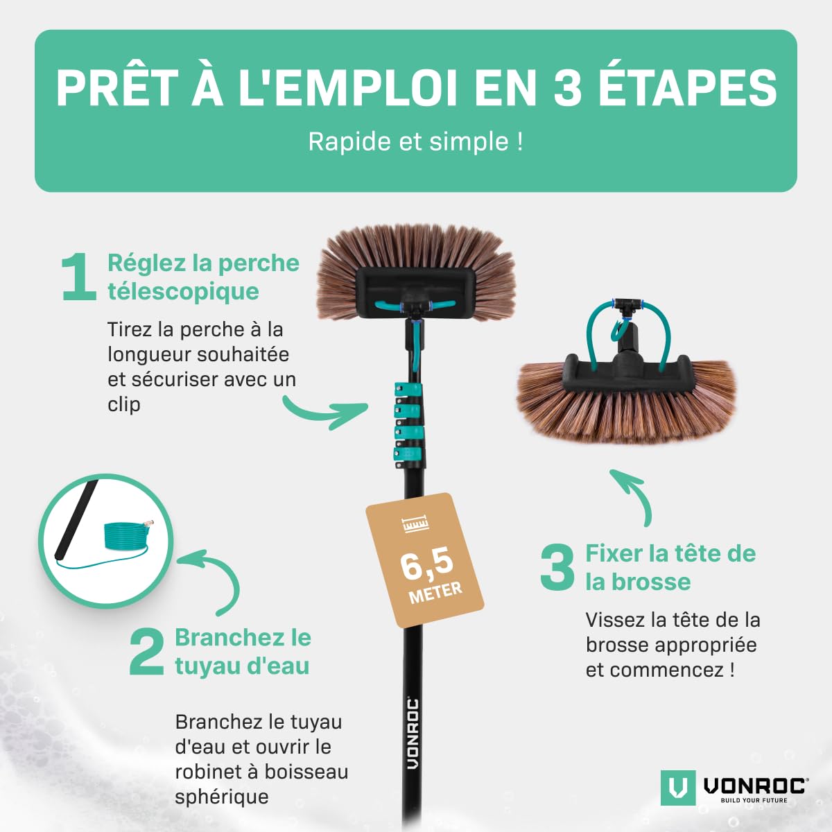VONROC Brosse de Lavage Télescopique 6,5 m avec Arrivée Eau – Kit Complet 2 en 1 Nettoyage Panneaux Solaires, Vitres, Façades