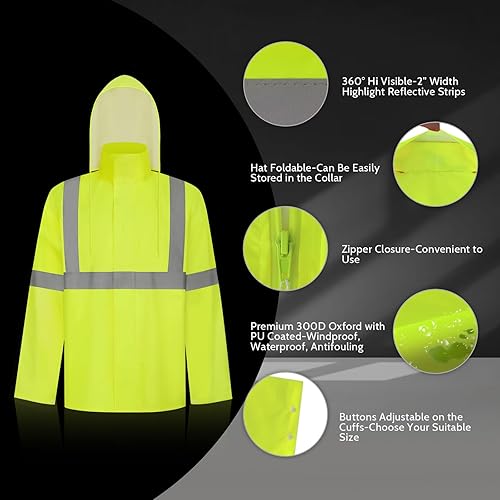 Miniatura 8 de TCCFCCT Chaqueta de lluvia de alta visibilidad para hombre, clase 3 con capucha Hi Vis, Chaqueta amarilla 5011
