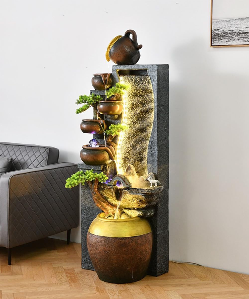 Rustic Pot Cascade Water Fountain with LED Lights – Indoor/Outdoor Decorative Waterfall Feature for Home and Garden(A Large)
