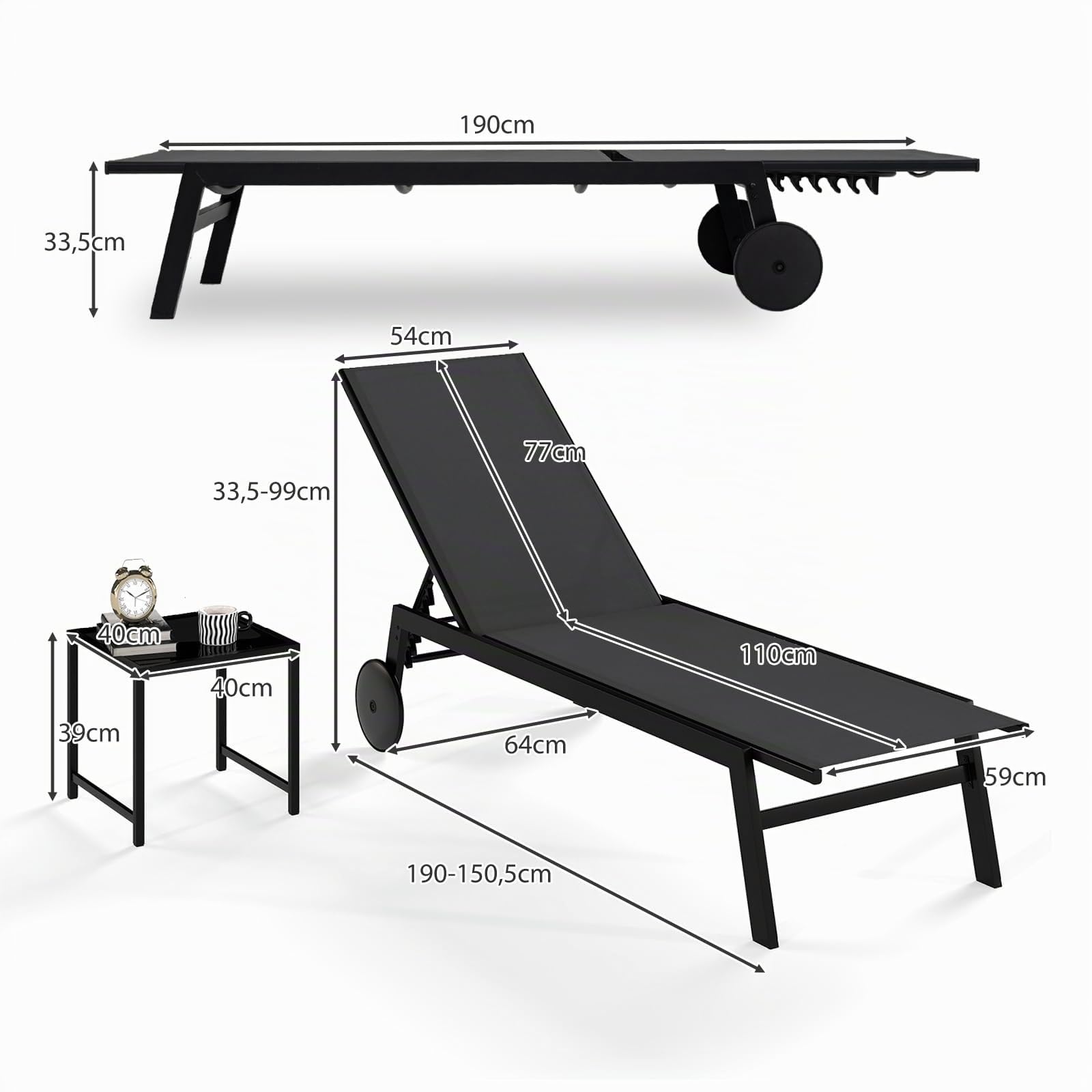 GOPLUS Tumbona Jardin Exterior con Mesa Auxiliar de Cristal, Conjunto de Sillas Exterior Apliables Reclinables en 6 Posiciones y 2 Ruedas Incorporadas, Malla Transpirable, Carga 150kg (Gris + Negro)