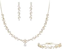 BriLove Cubic Zirconia Wedding Jewelry Set for Women - Marquise Teardrop Leaf Y-Necklace, Dangle Earrings & Link Bracelet