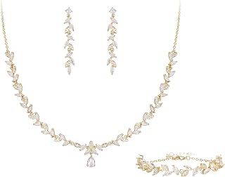 BriLove Cubic Zirconia Wedding Jewelry Set for Women - Marquise Teardrop Leaf Y-Necklace, Dangle Earrings & Link Bracelet