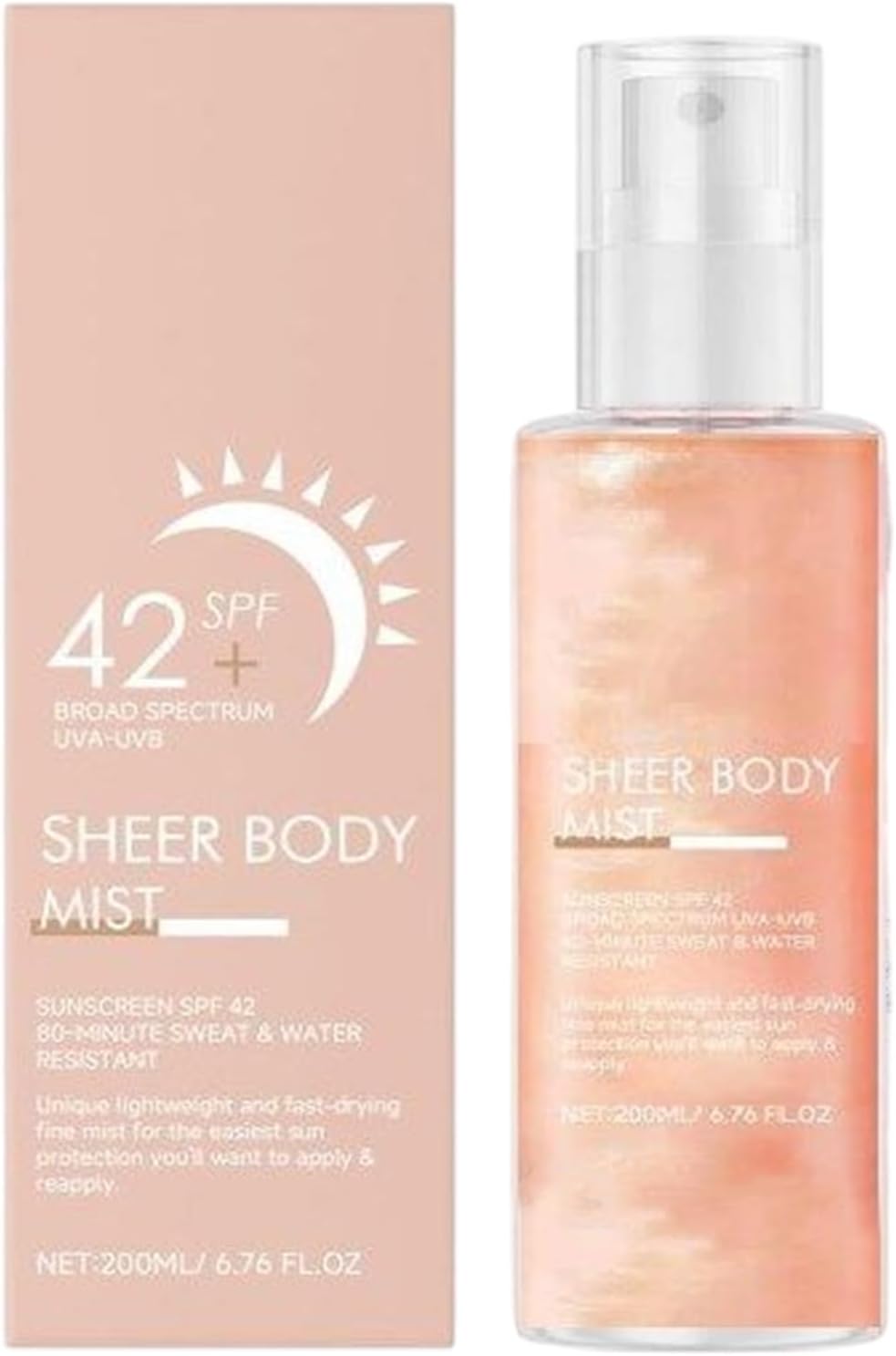 Sunglaze Sheer Body Mist Sunscreen SPF 42+, Clear Body Sunscreen Spray, Sun Block Isolation Mist, 200 ml dagelijkse gezichtsspray spray, UV-beschermerverflitsing Moisturizer Fast-Absorbing voor volwas