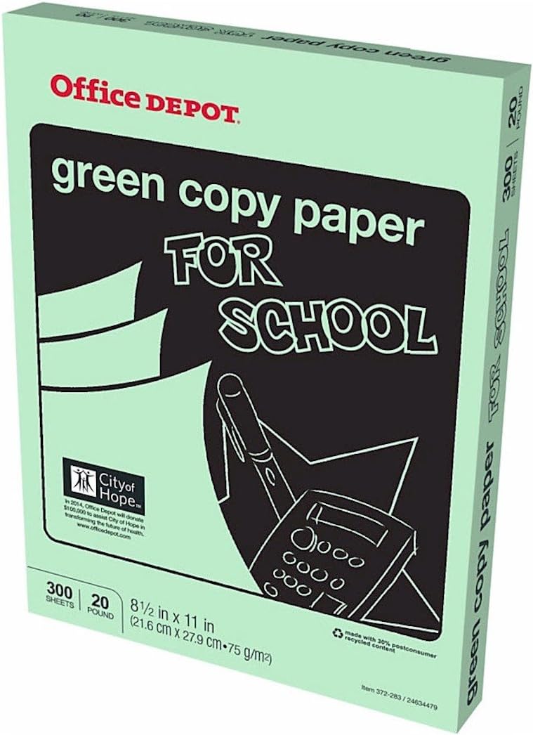 Office Depot Colored Copy Paper, Green, 8 1/2 Inch x 11 Letter Size, 20 lb. Density, 300 Sheets Pack (372-283)