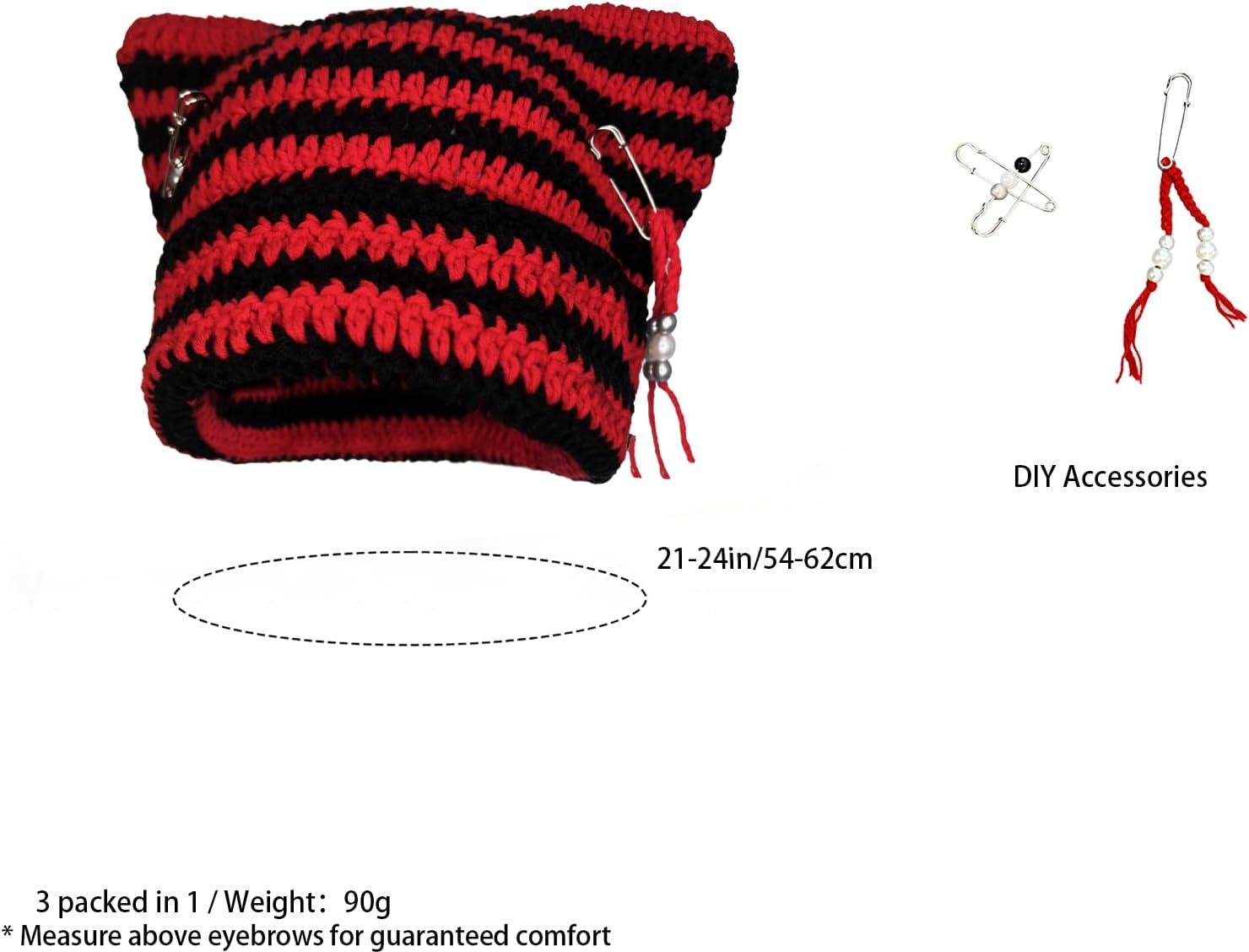 Cat Ear Beanie Hat for Women Y2K Striped Beanie with DIY Goth Accessories Slouchy Crochet Goth Hat Beanie with Ears - Image 2