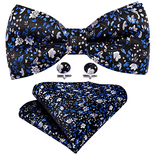 Yohowa Silver Blue Bow Tie And Pocket Square Set Pretied Silk Bow Tie For Men #TOP1