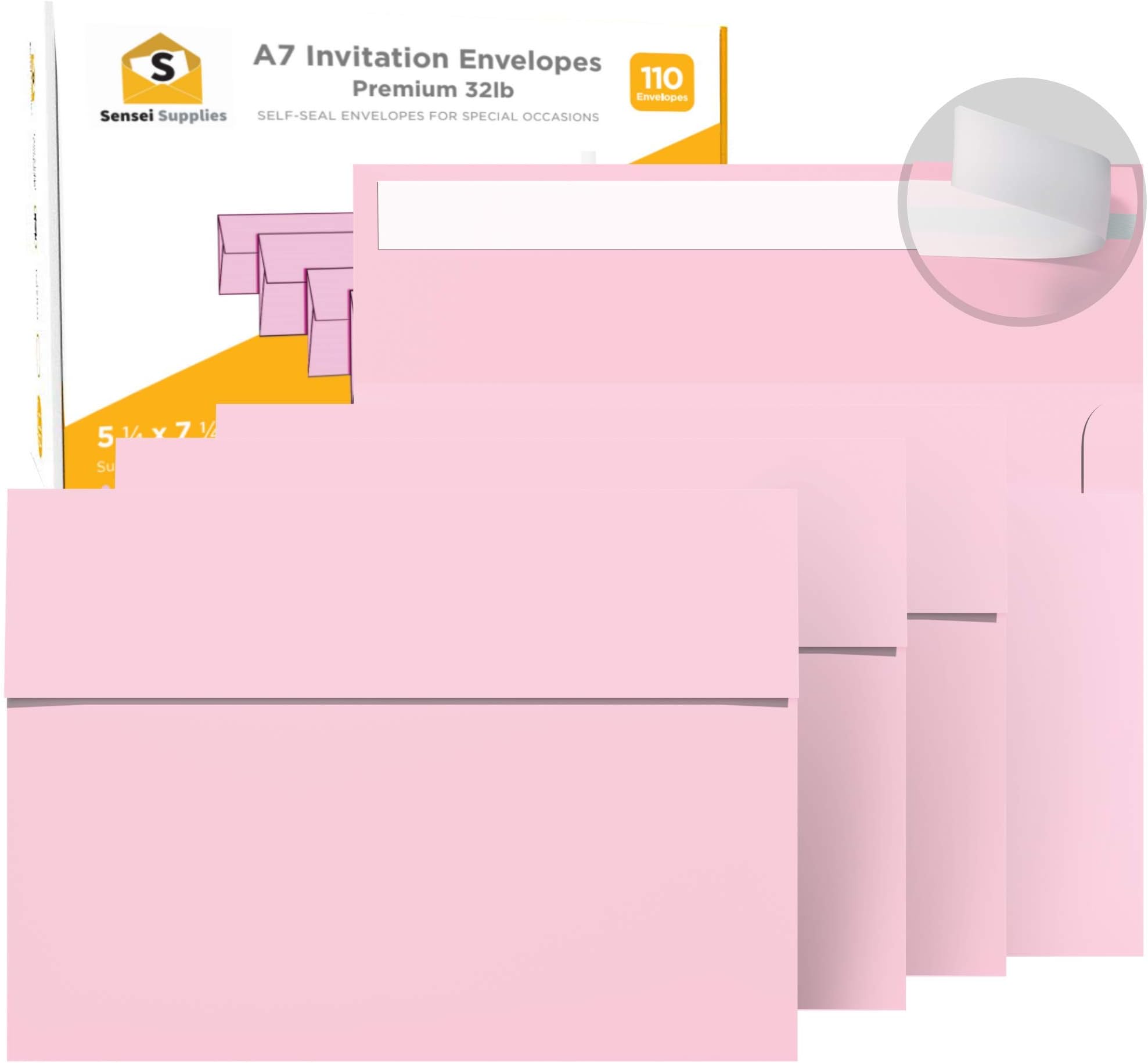 110 5x7 Pink Invitation Envelopes - for 5x7 Cards - A7 - (5 ¼ x 7 ¼ inches) - Perfect for Weddings, Graduation, Baby Shower - 120 GSM - Peel, Press & Self Seal - Square Flap