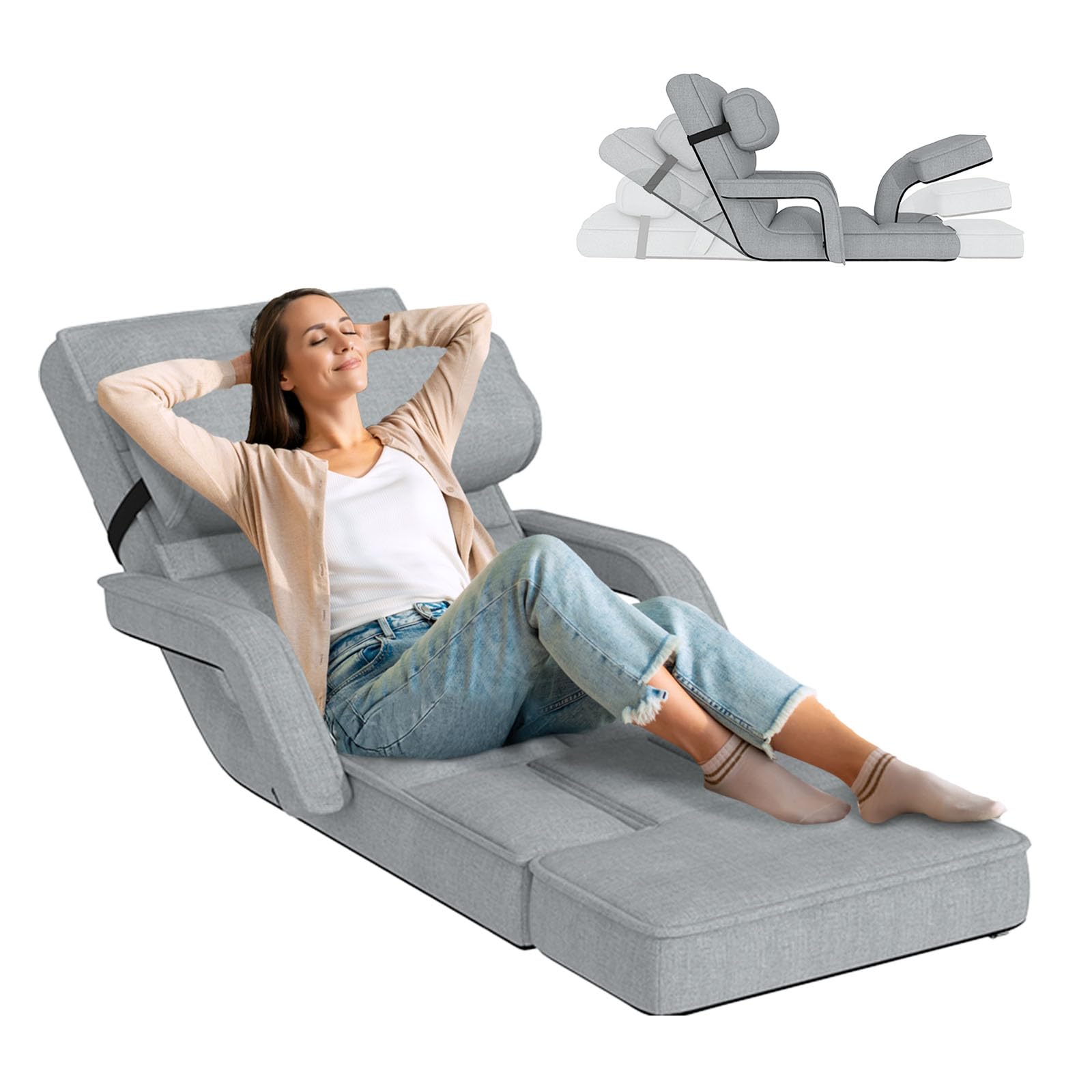 YODOLLA Floor Folding Lazy Chair Adjustable Armrest Footrest,Grey