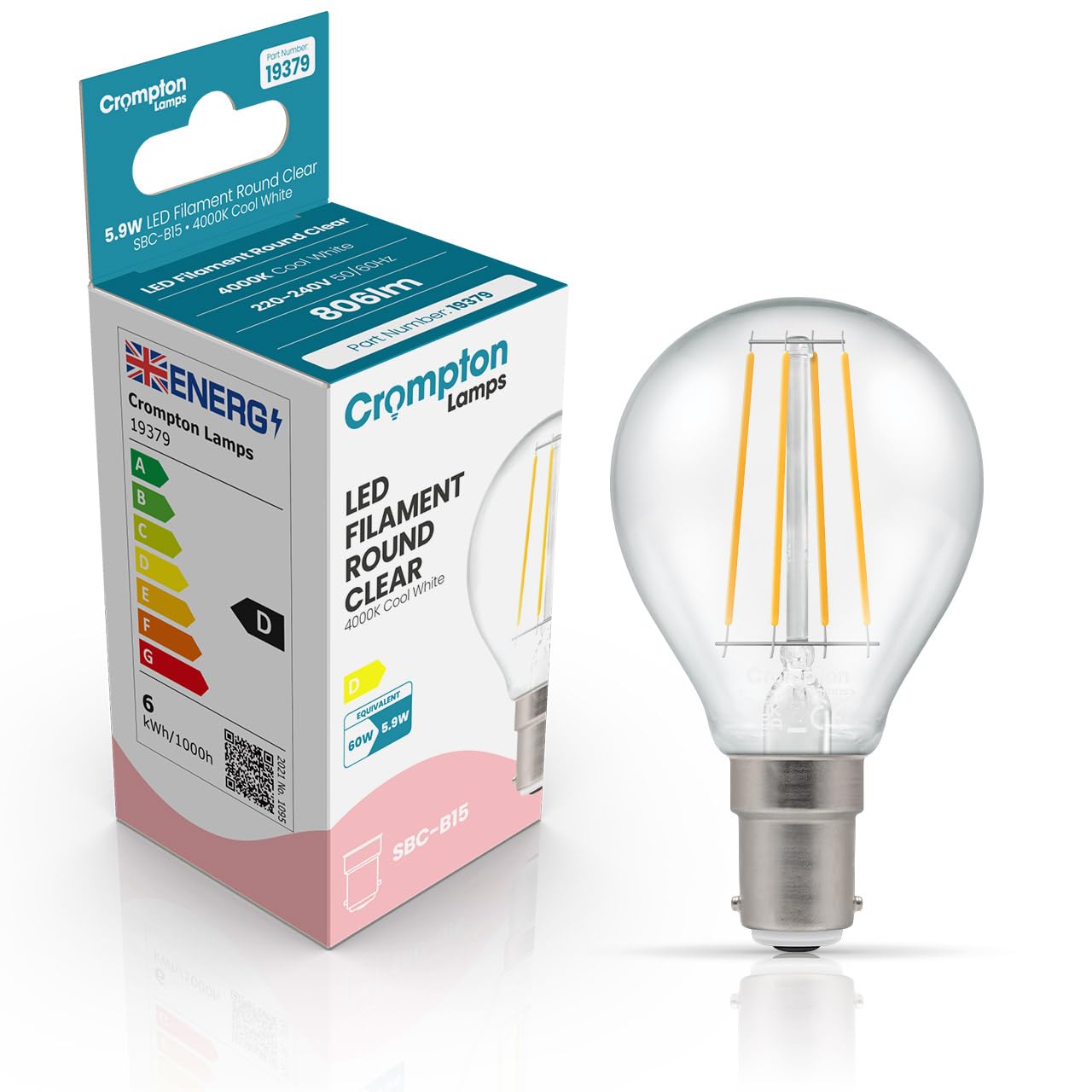 Crompton Lamps Filament Golfball LED Light Bulb SBC-B15d | 5.9W = 60W Equivalent | Cool White 4000K | Energy Efficient | Small Bayonet Lightbulb | Long Life 15,000-Hrs | Clear Glass | Dimmable