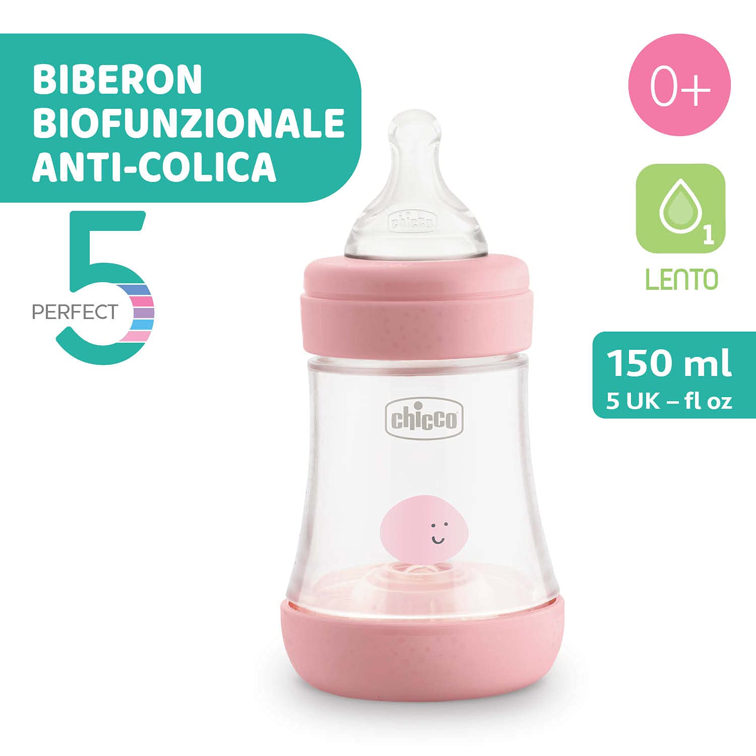 Chicco Perfect 5 Biberon Anticolica, Bimba, 150 ml, Silicone, 1 Foro, Rosa