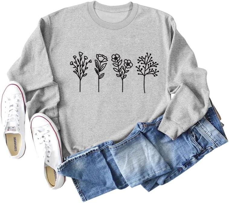 JBF Cloth Flower Sweatshirt, Vintage Minimalistic Floral Crewneck Sweatshirt, Plants Graphic Sweatshirt, Womens Pullovers grey 2xl - Image 4