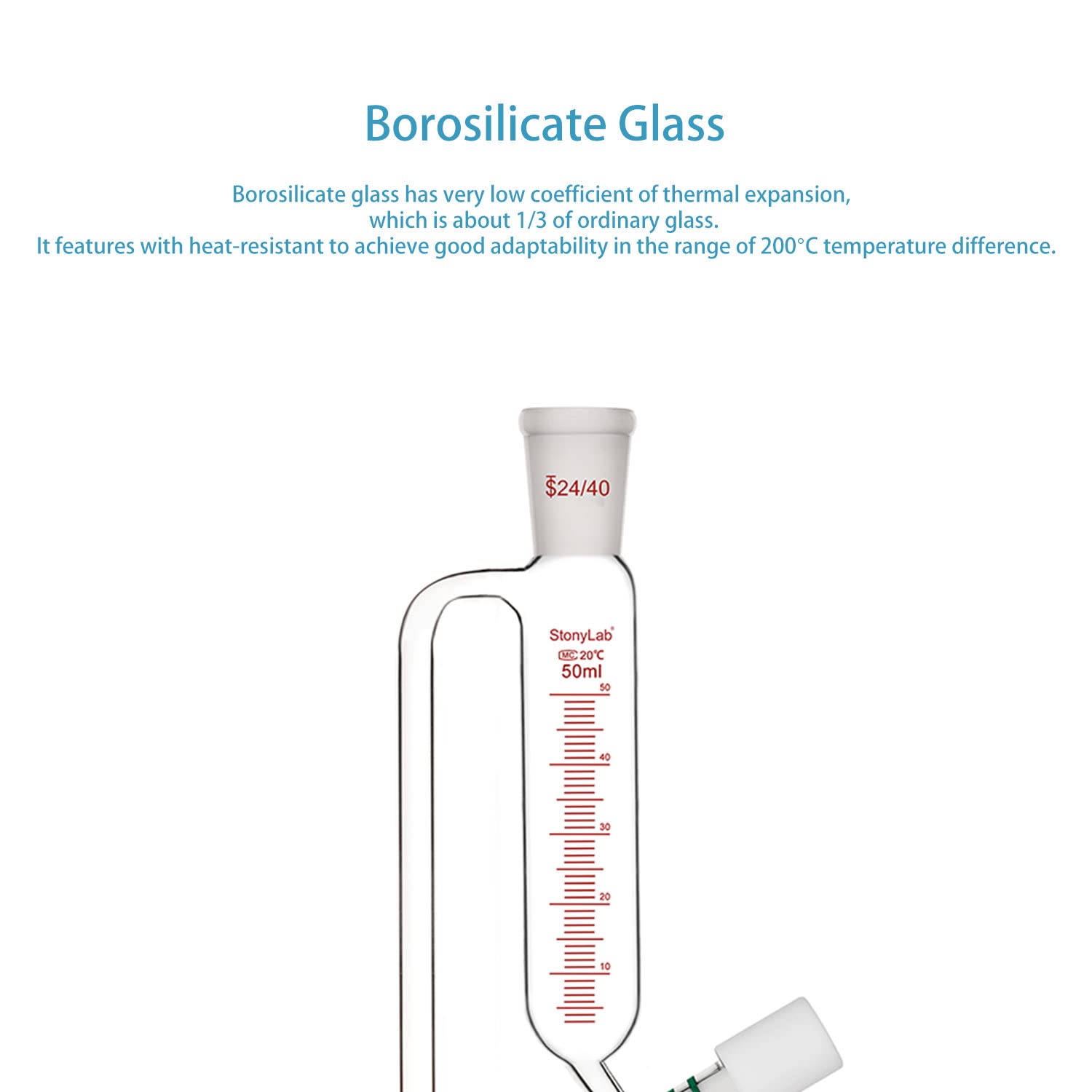 stonylab Ampoule à Addition Graduée à Compensation de Pression, Entonnoir en Verre Borosilicaté avec Joint 24/40 et Vanne à Vide Poussé pour Laboratoire, 50 ml