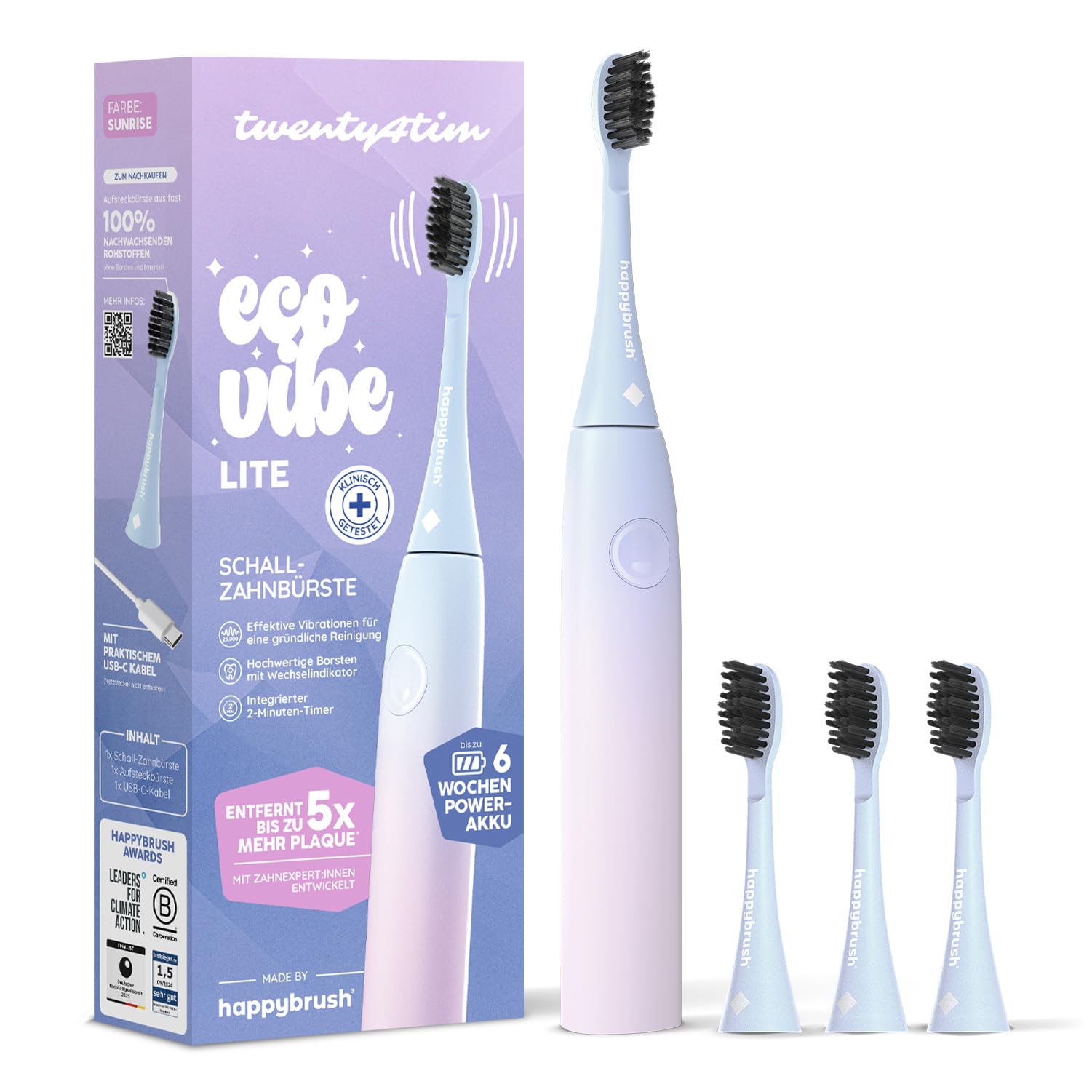 happybrush Elektrische Zahnbürste ECO VIBE Lite [Testsieger] Starterset - Schallzahnbürste mit 6 Wochen Power-Akku inkl. 3 Aufsteckbürsten Pastelltöne