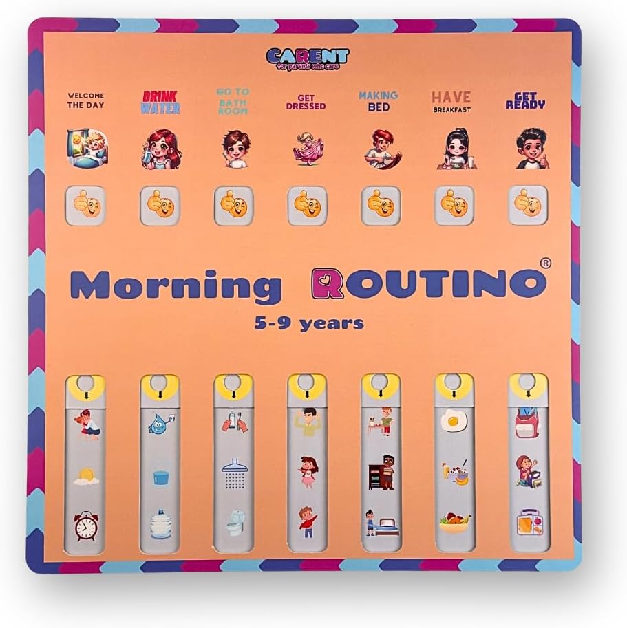 ROUTINO Morning Routine Chart for Kids 5-9 Years, Visual Schedule with Interactive Paper Slider, Daily Wake-Up Tracker for Elementary School Children, Builds Organization Skills