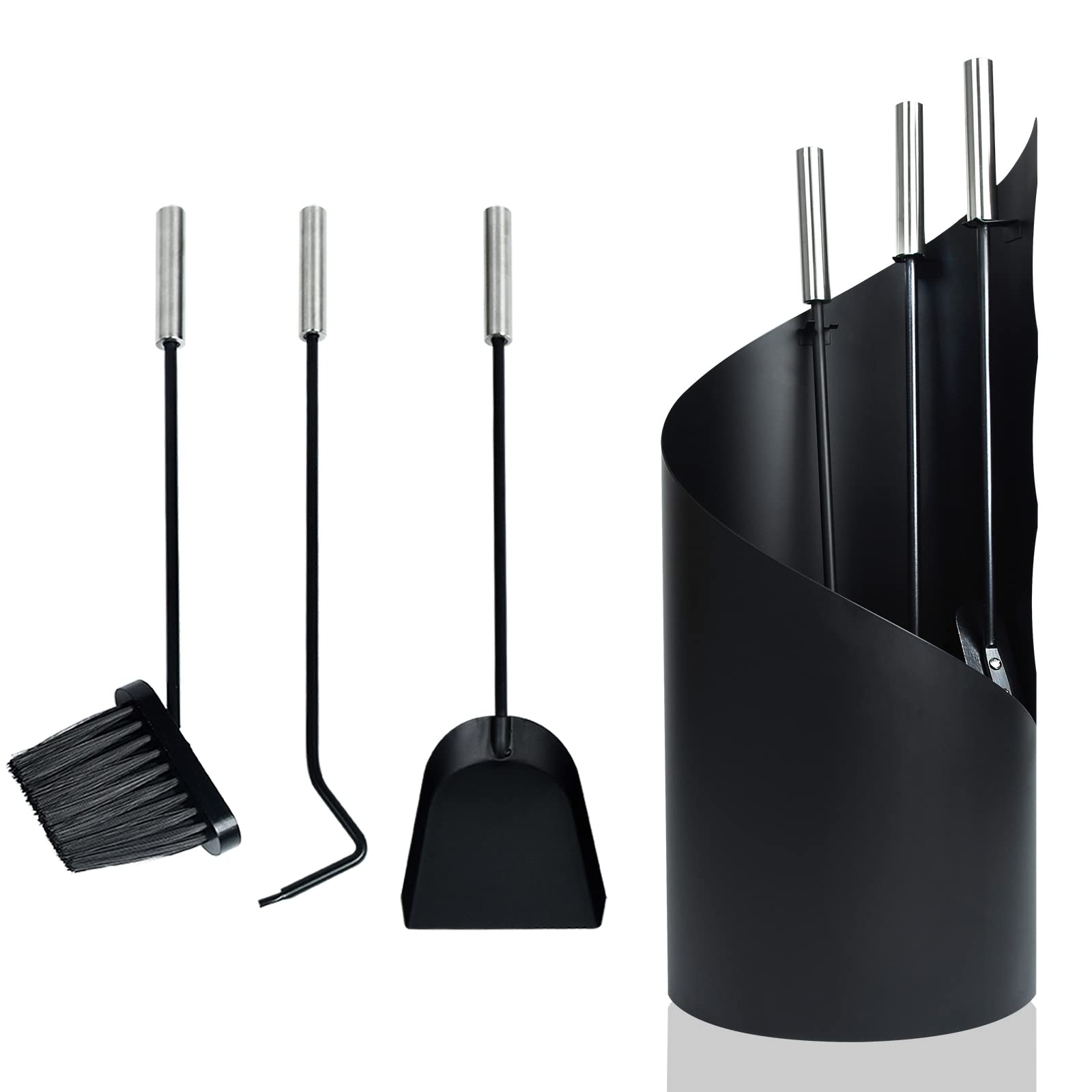 UISEBRT Set di 4 posate per camino, in acciaio inox, con supporto, scopa, grembiule, pala per cenere, posate da forno con manici in acciaio inox, nero