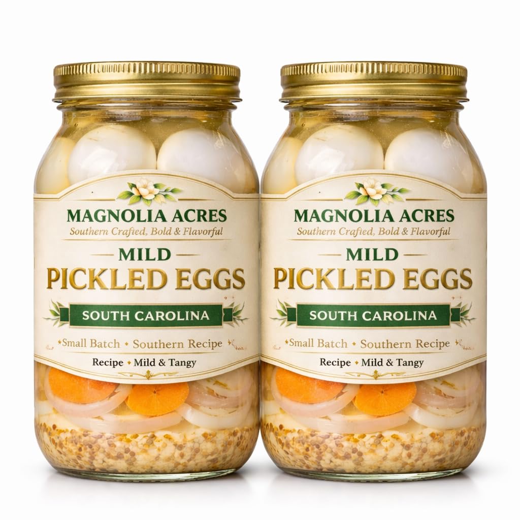 Pickled Eggs Mild – 2 Pack 32 oz Jars, Large Jar Pickled Eggs, Southern Style Brined Eggs, Magnolia Acres, Ready to Eat Snack