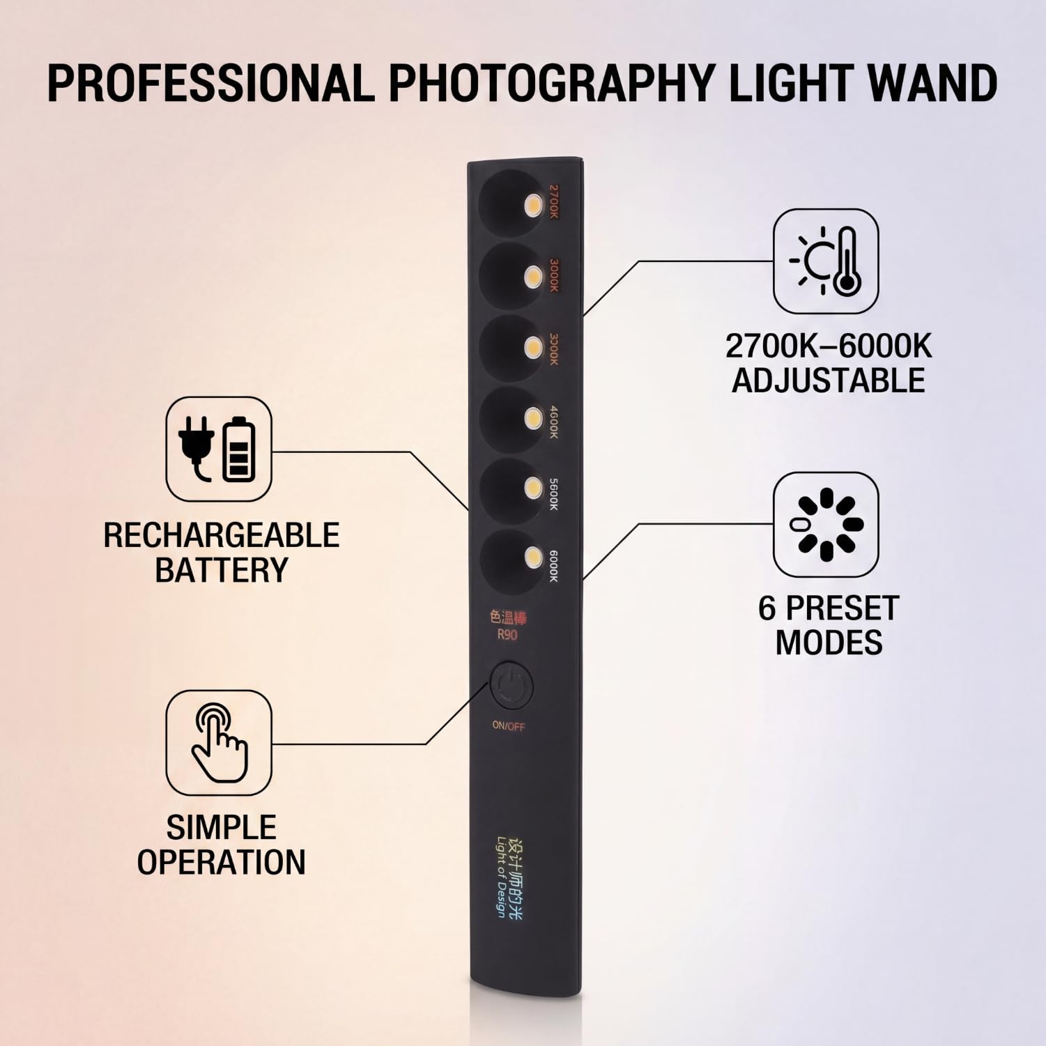 FTVOGUE Lampada Portatile a Temperatura di Colore, Professionale, Ricaricabile, 2700K-6000K, 6 modalità, Bacchetta Luminosa per Fotografia