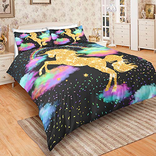 Suncloris, Rianbow Sparkling Dots Unicorn Bedding Set, 3D Digital Printing Rich Glitter Horse Quilt Cover Zippered Duvet Cover With 2 Pillow Shams For Kids And Adults (03, Queen) #TOP2
