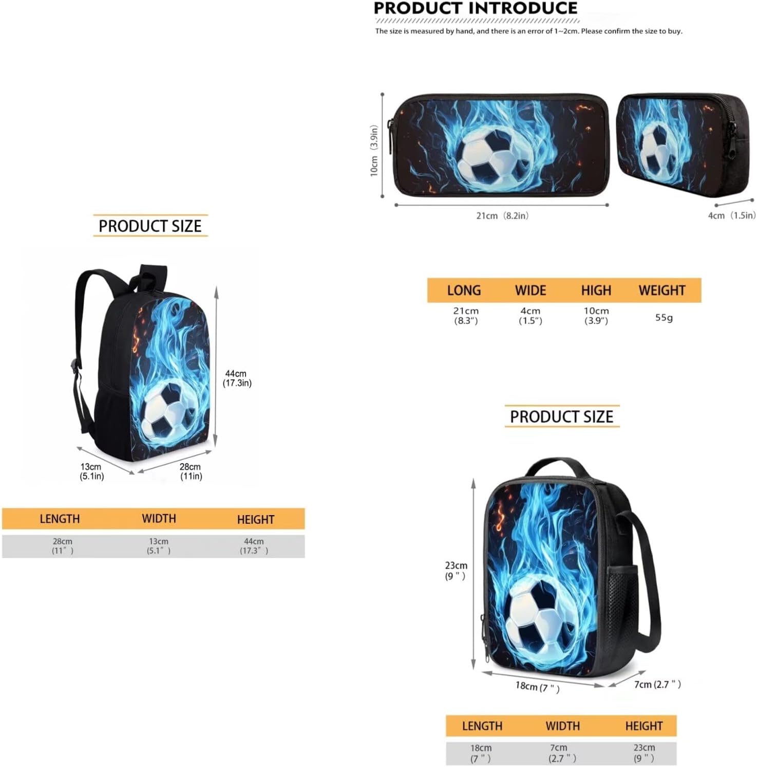 FKELYI Blue Fire Soccer Kid's Backpack for School Study Travel Teens Lightweight Book Bag with Lunch Bag and Pencil Box 3 Pack Set Schoolbag for Boys Ages 8-12