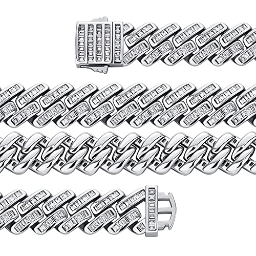 Mens Bracelet 12Mm Baguette Prong Cuban Link Bracelet Iced Out Cz Jewelry Hip Hop Rock Fashion Jewelry Gift For Party (7Inch, Silver) #TOP3